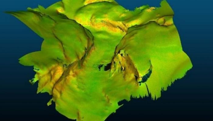 3D representation of the engorgement of the canyon walls at the upper canyon head area. The reddish colors indicate regions with high backscatter values, which reflect hard substratum susceptible of hosting CWCs. 