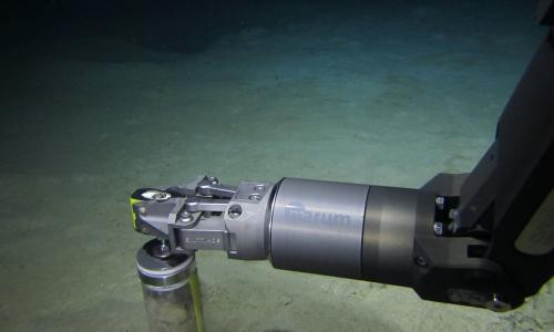 ROV SQUID taking a push core for ground-truthing purposes of some of the other observations and 3D mapping at an active mud volcano.