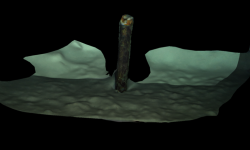 Reconstructed 3D microbathymetry with rough, hummocky seafloor and MeBo-observatory sticking out (data collected during M167 cruise; Menapace et al., 2021)